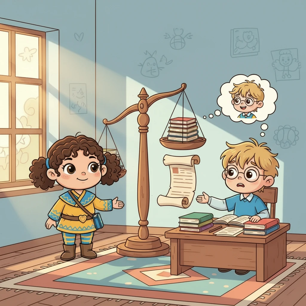 In the month of Justice and Responsibility, Aruzhan contemplates a scale, symbolizing fairness. She decides to help a classmate who is struggling with a difficult subject. The quote inspires her to act.