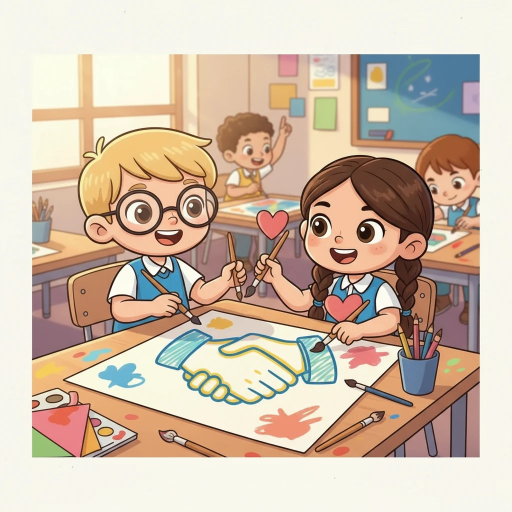 The month of Unity and Solidarity brings a handshake symbol. Aruzhan participates in a school project with her friends, learning the power of teamwork and the joy of working together for a common goal.