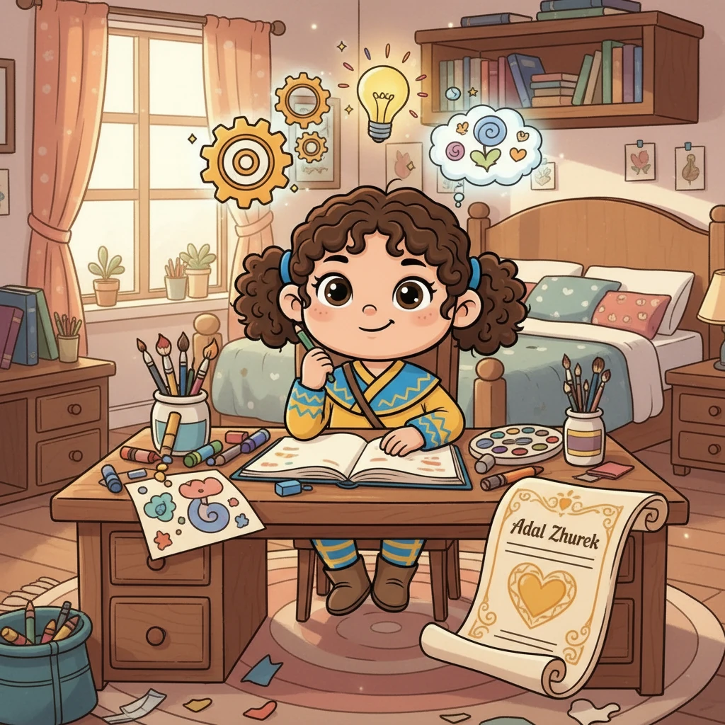 Finally, the month of Creativity and Innovation arrives, with a spinning gear as its emblem. Aruzhan brainstorms new ideas for a school art project, embracing her imagination and innovative spirit. The final page, the "Adal Zhurek Certificate," awaits her.