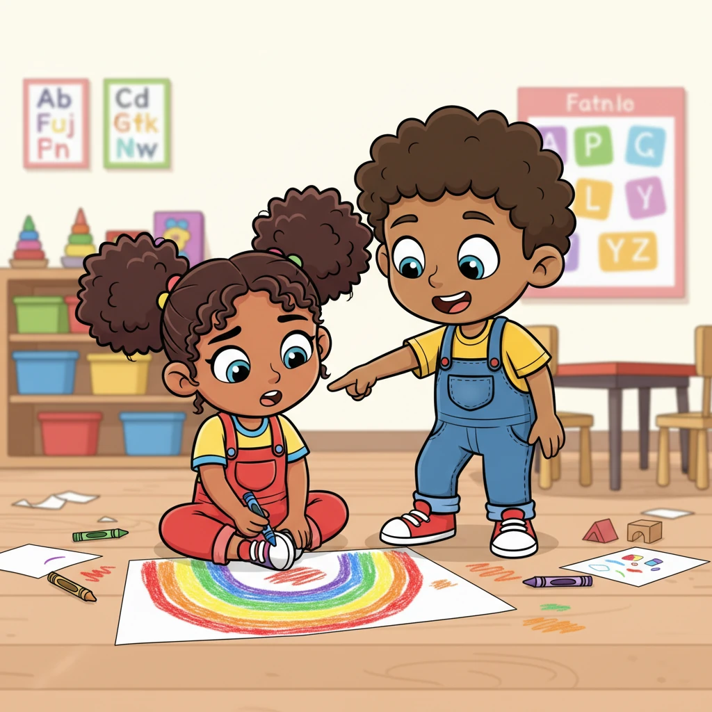 Aya, with bright pigtails and a hopeful smile, is engrossed in drawing a vibrant, quirky rainbow on the classroom floor, her imagination flowing. Ben, with a playful but thoughtless grin, leans over and points at her artwork, making a comment that isn't very kind. Aya's wide, cheerful eyes droop, her smile disappearing as she clutches her crayon tightly, feeling a tiny pang of sadness in her heart.