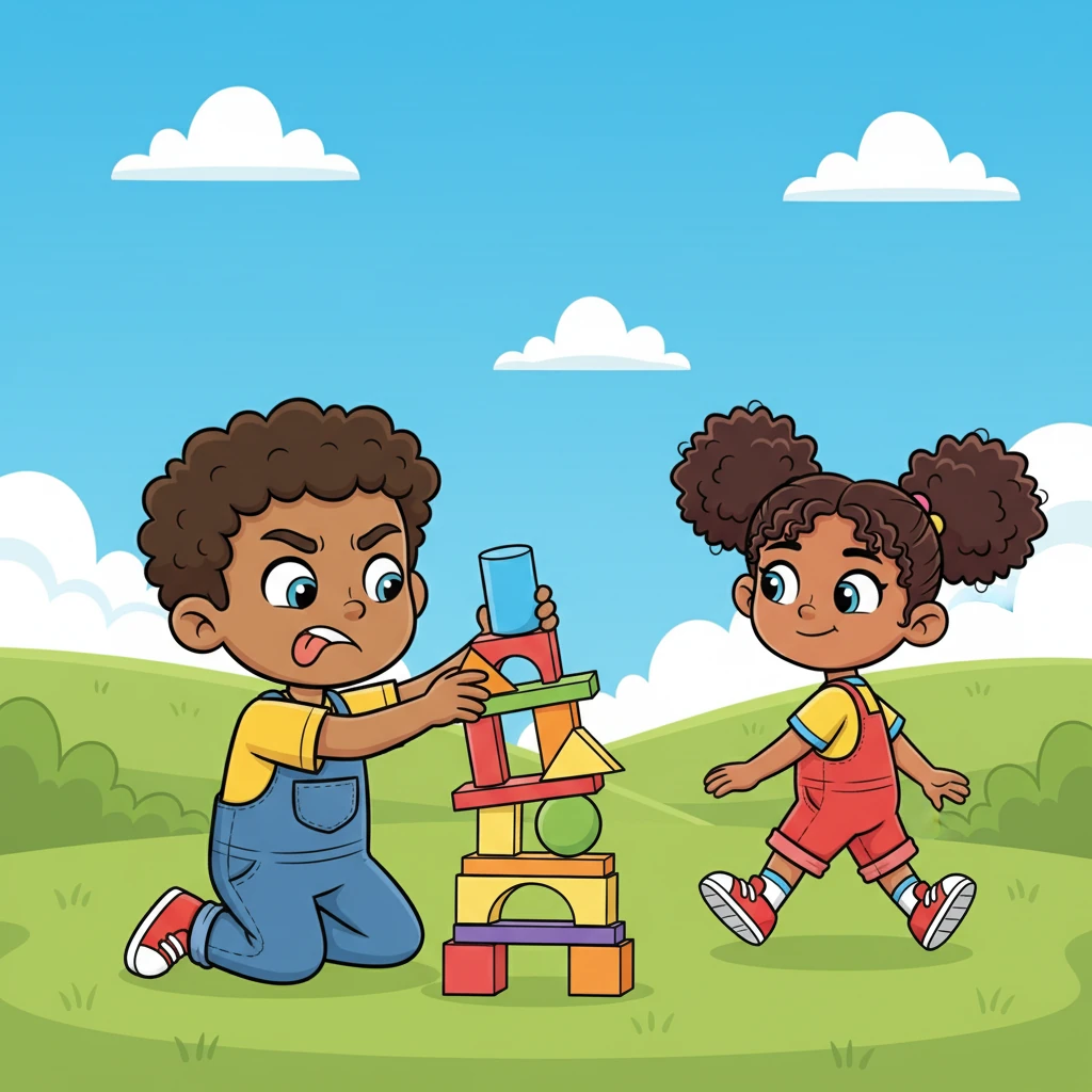 Later that day, Ben, with his tongue sticking out in concentration, stacks colorful, mismatched blocks into a towering, wobbly structure that leans precariously. Aya skips by, a knowing smirk on her face, and declares his tower is going to fall because it's too wobbly. Ben's brow furrows, his cheerful building spirit deflating as he glares at his shaky creation, feeling a familiar sting of unhappiness.