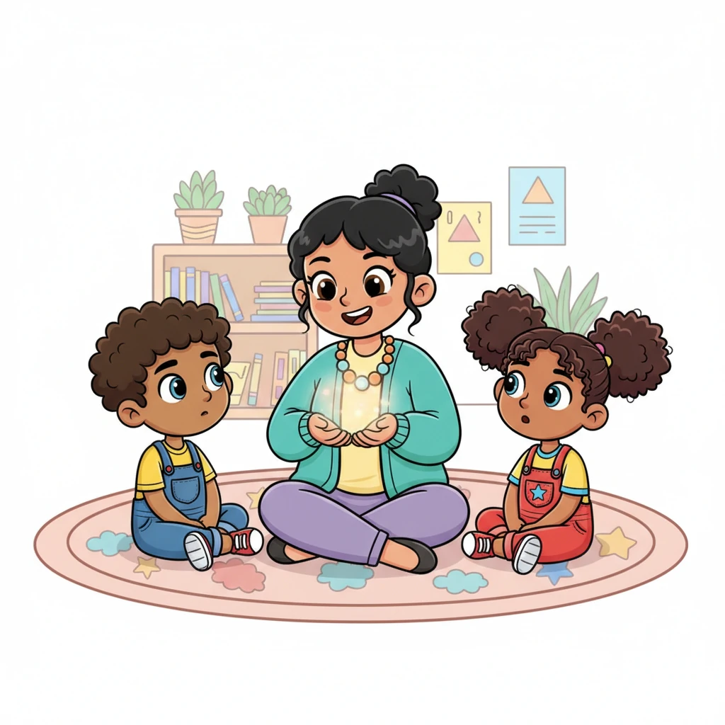 Ibu Maya, their kind teacher with a warm, inviting smile, gently brings Aya and Ben together on a cozy classroom rug. She sits cross-legged, holding her hands as if cradling a shimmering, invisible object, her eyes twinkling as she asks them about a special word that makes everyone feel happy, safe, and valued. Aya and Ben look at each other, puzzled but curious, eager to learn her secret.