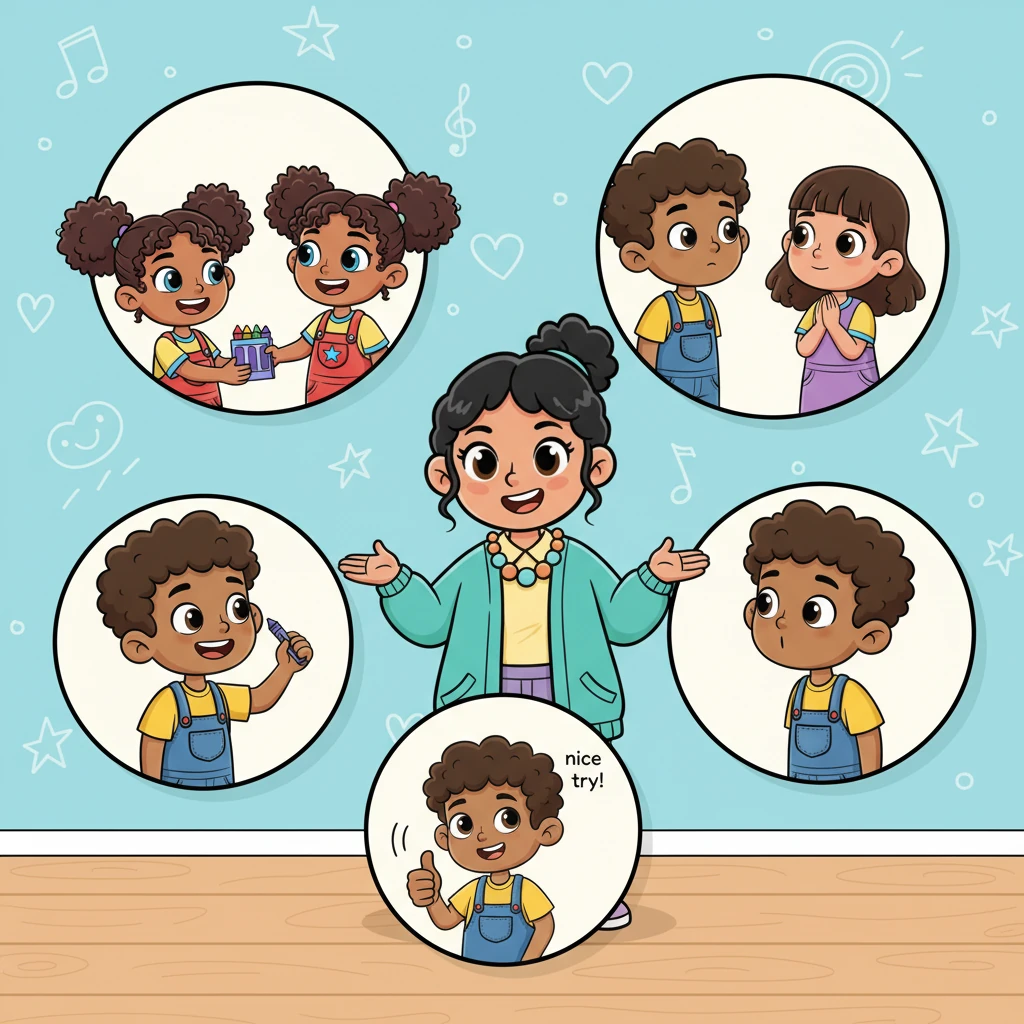 Ibu Maya animatedly demonstrates how respect works at school. One vivid panel shows children sharing crayons with big, cheerful smiles, another shows a child patiently listening with wide eyes while a friend speaks. She explains that respect means listening with your ears, sharing with your heart, and even saying 'nice try!' to make school a happy place for everyone.