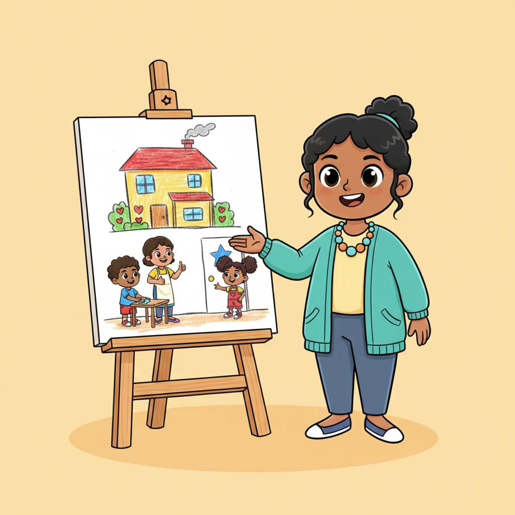 Ibu Maya then gestures towards a whimsical drawing of a cozy house, explaining how respect also works its magic at home. A cartoon child cheerfully helps a parent with chores, while another gently taps on a door before entering a room. She emphasizes that saying 'okay' with a happy heart and caring about others' space keeps families strong and full of love.