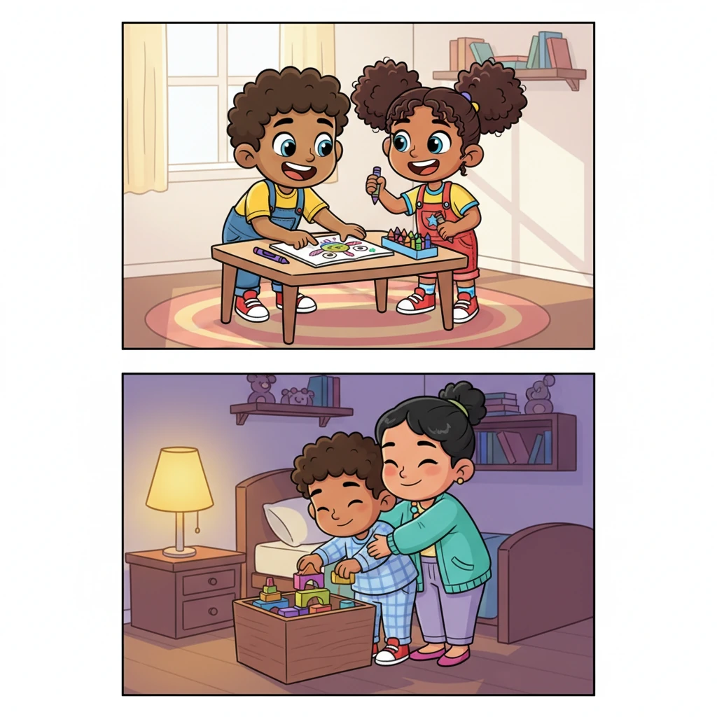 The next day, Ben spots Aya drawing a new, fantastical creature. Instead of teasing, he beams and says, 'Wow, that's amazing! Can I draw with you?' Aya's face lights up with a radiant smile, and they happily share crayons. Later that night, Ben quickly tidies his toys without a fuss, earning a big, joyful hug from his mom, feeling a wonderful warmth spread through him as he realized respect made everyone feel good.