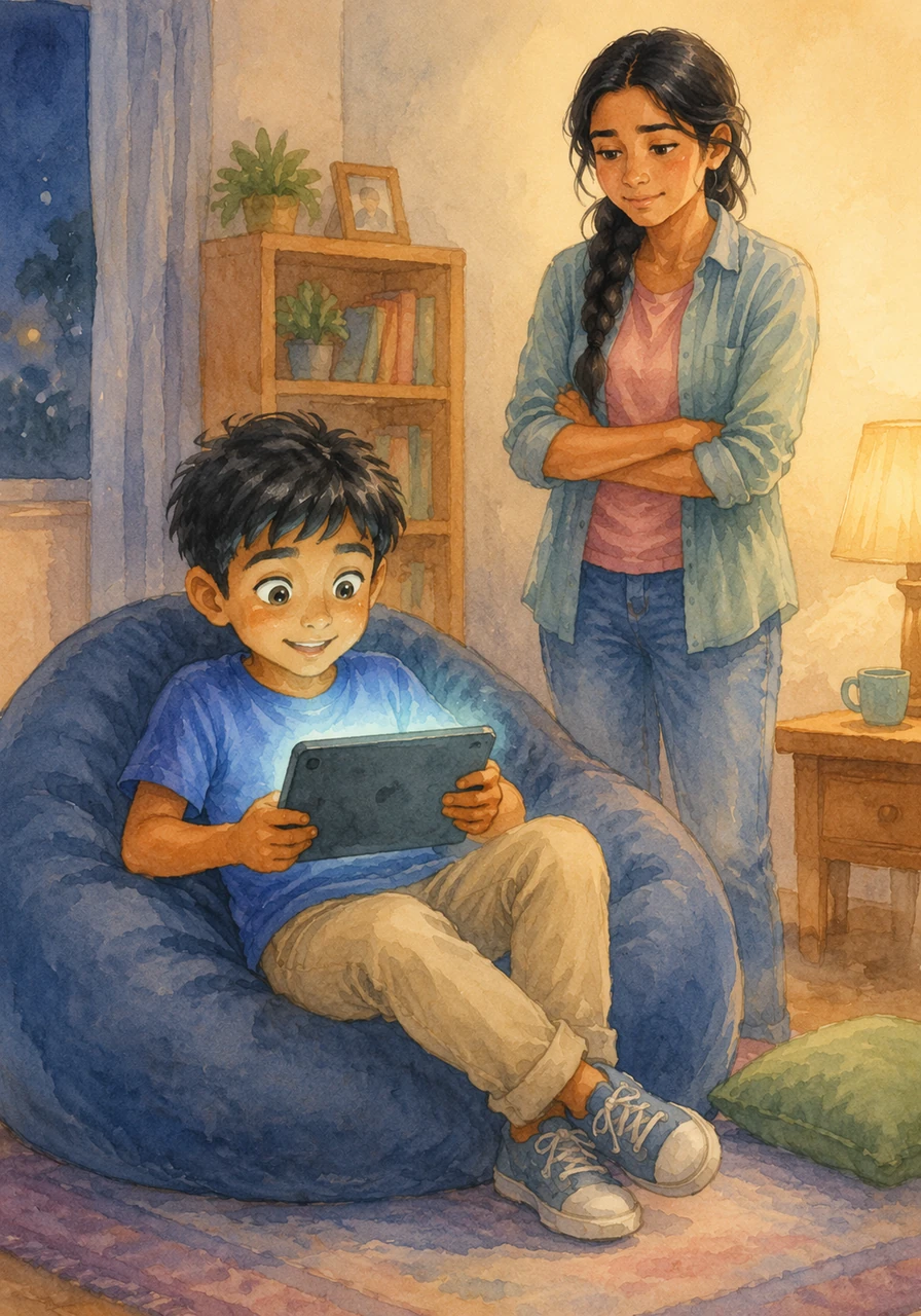 Arjun sat comfortably on his favorite beanbag, his tablet glowing with the colors of his favorite game. He loved his evening digital time, feeling a sense of excitement and adventure as he explored new worlds and chatted with his friends online.