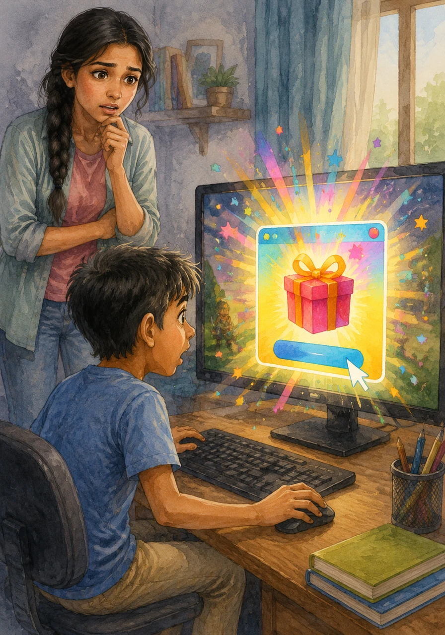 Suddenly, a vibrant pop-up message flashed across the screen, interrupting his game with bright, flashing letters. It announced that he had won a magnificent prize and urged him to click a link right away to claim his reward.