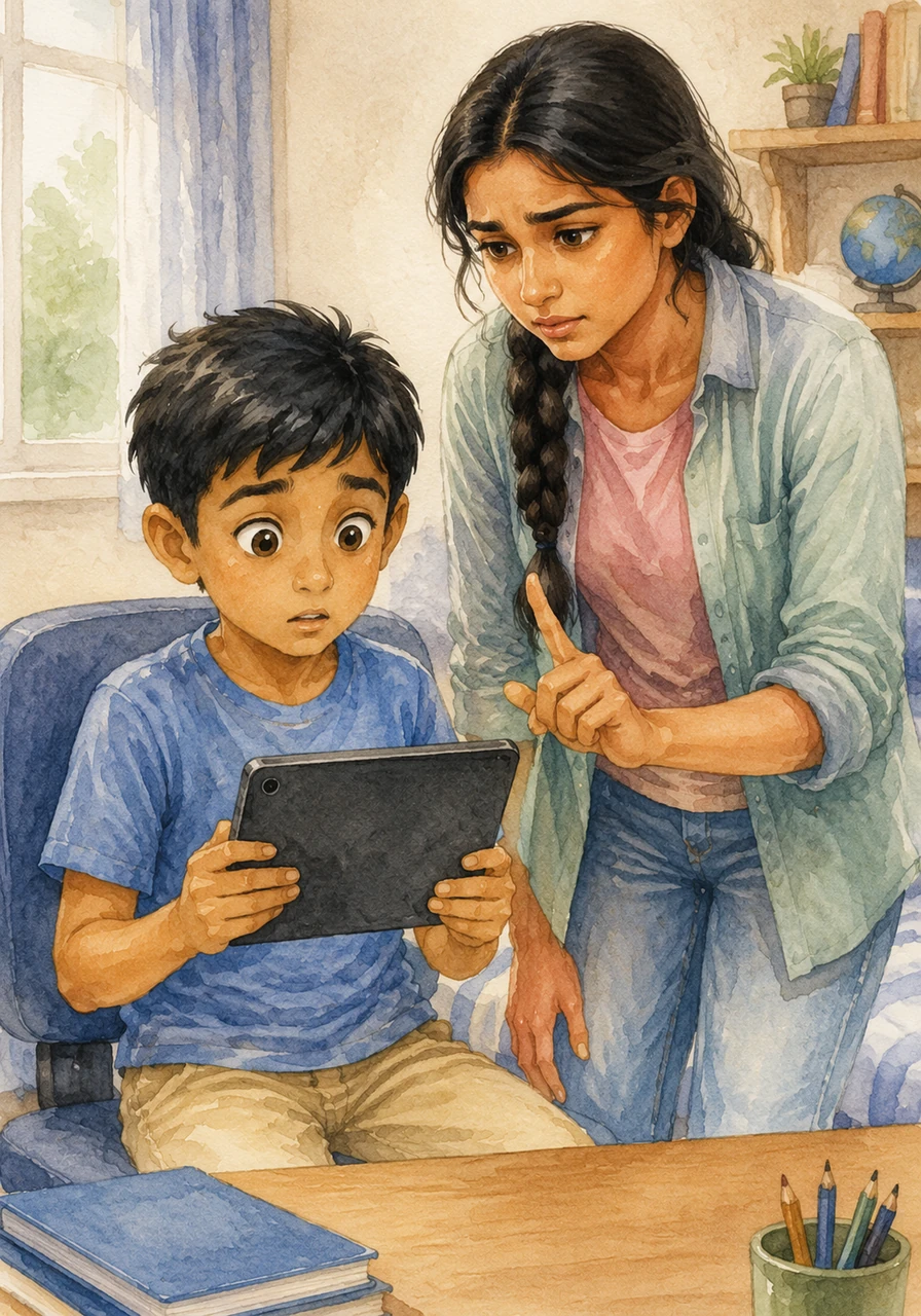 Just then, his older sister Meera walked into the room and noticed the strange message on his tablet. She leaned in closer, her expression turning serious as she advised Arjun to wait because the message looked suspicious.