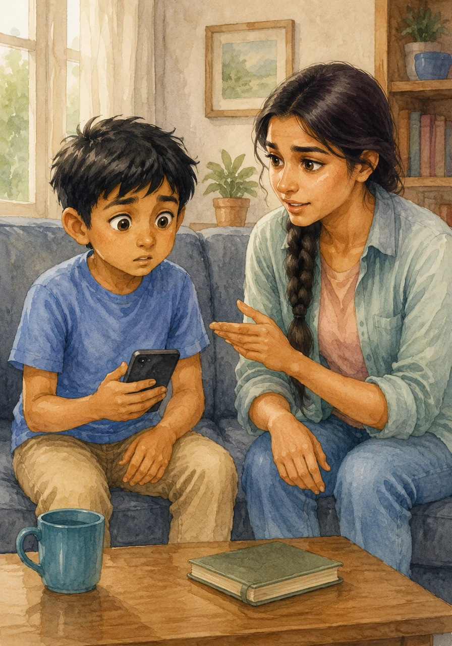 Meera sat down beside him and gently explained that this was likely a phishing scam, a trick used to fool people into giving away information. She told him that scammers often use excitement and urgency to make people act before they think.