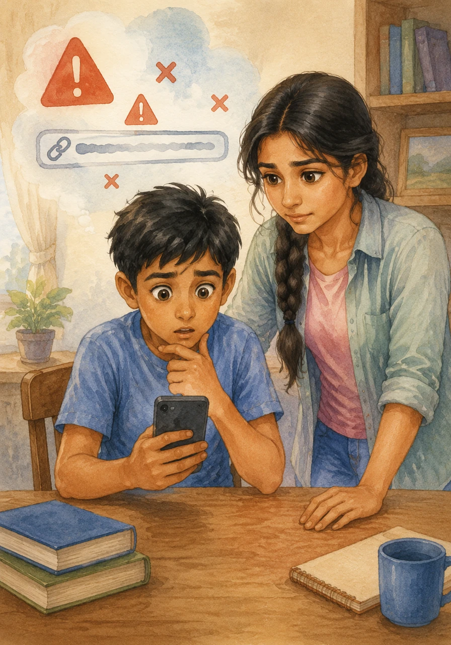 Taking his sister’s advice, Arjun looked at the message again and noticed several misspelled words and a very long, confusing web address. These small mistakes, which he hadn't seen before, made him realize the message was not from a real company.