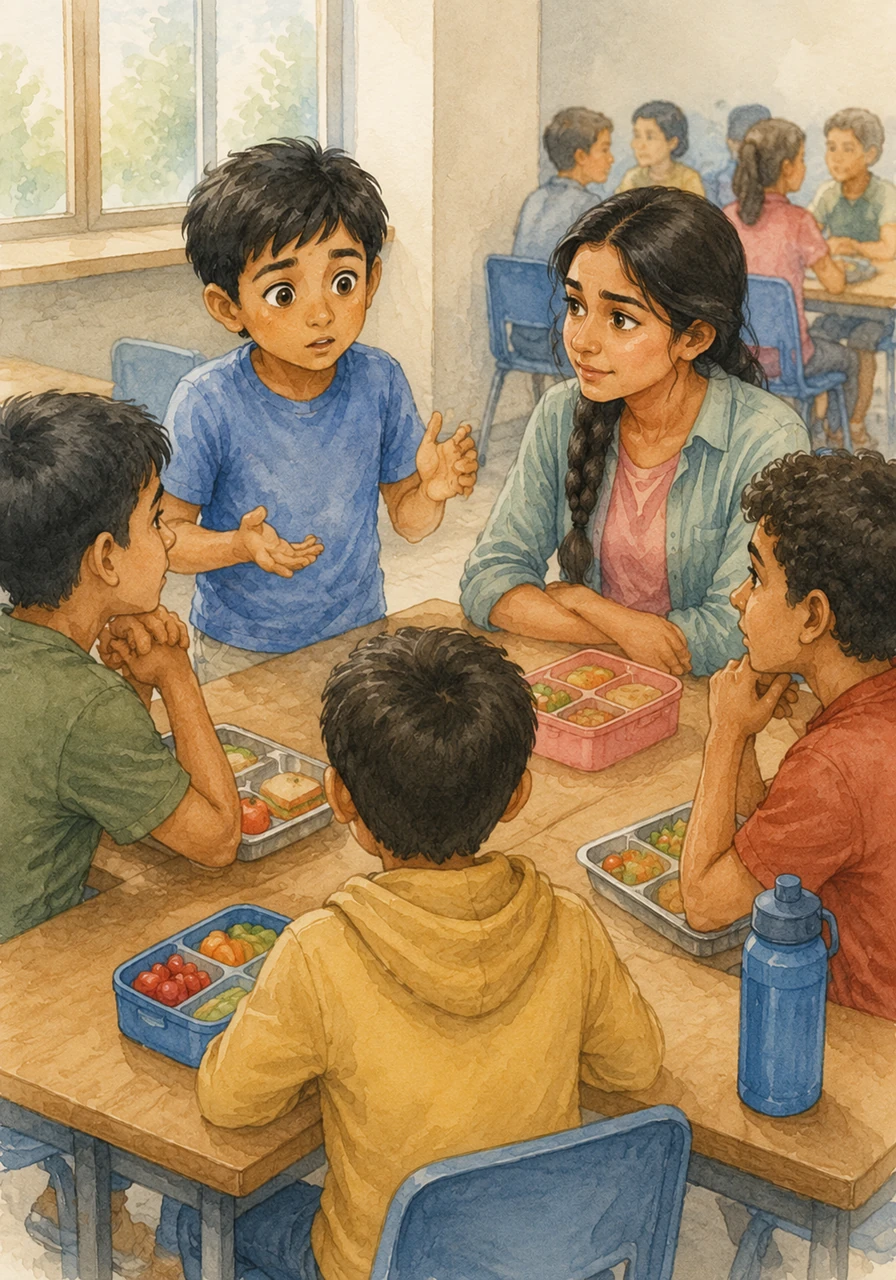 The next day at school, Arjun gathered his friends at the lunch table to tell them about the sneaky message and what Meera had taught him. His friends listened intently, realizing that they needed to be careful when they were playing games online too.