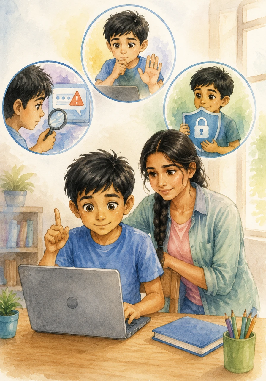 From that day on, Arjun became a smart digital explorer who always followed three simple rules. He learned to pause before clicking, look for mistakes in messages, and keep his personal information private to stay safe in the online world.