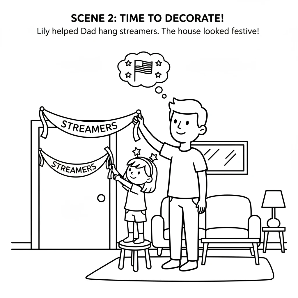 First, it was time to decorate! Lily helped hang red, white, and blue streamers with her dad. The house looked so festive and bright.