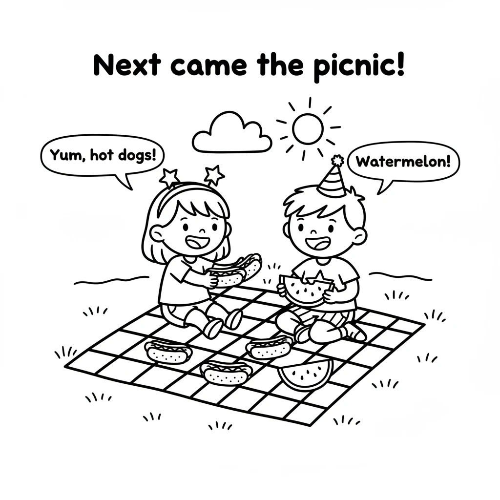 Next came the picnic! A big red and white checkered blanket was spread on the grass. Delicious hot dogs and watermelon waited to be eaten.