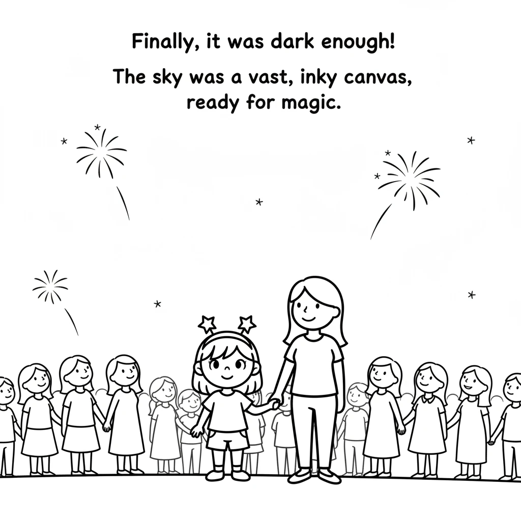 Finally, it was dark enough! Lily held her mom's hand as they joined the crowd. The sky was a vast, inky canvas, ready for magic.