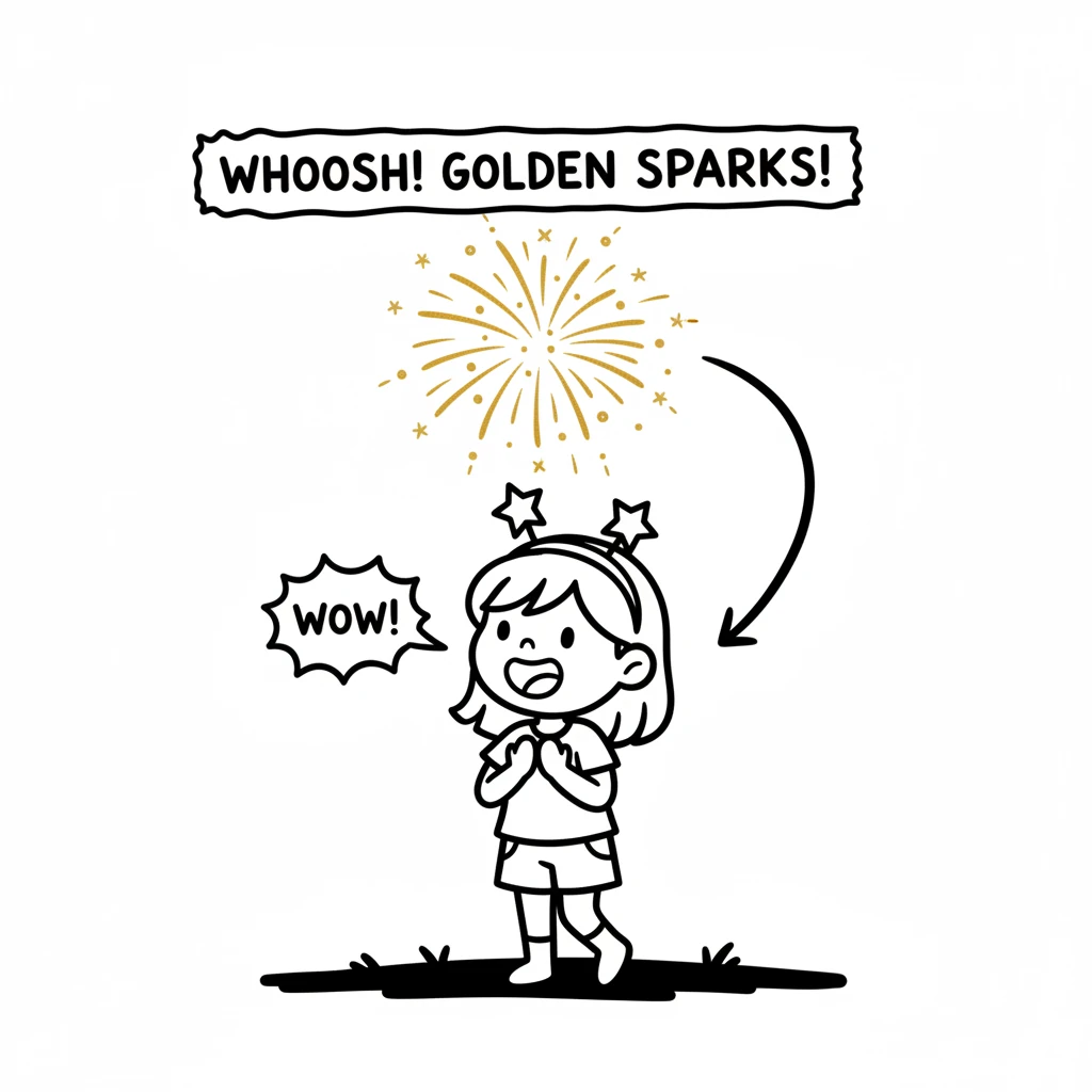 Then, WHOOSH! The first firework shot into the sky, bursting into a shower of golden sparks. Lily gasped with delight.