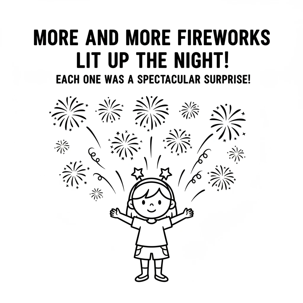 More and more fireworks lit up the night, painting the darkness with brilliant reds, blues, and greens. Each one was a spectacular surprise!