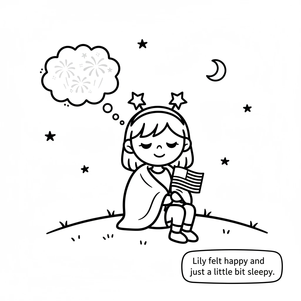 When the last firework faded, a quiet calm settled over everyone. Lily felt happy and just a little bit sleepy after such a wonderful day.