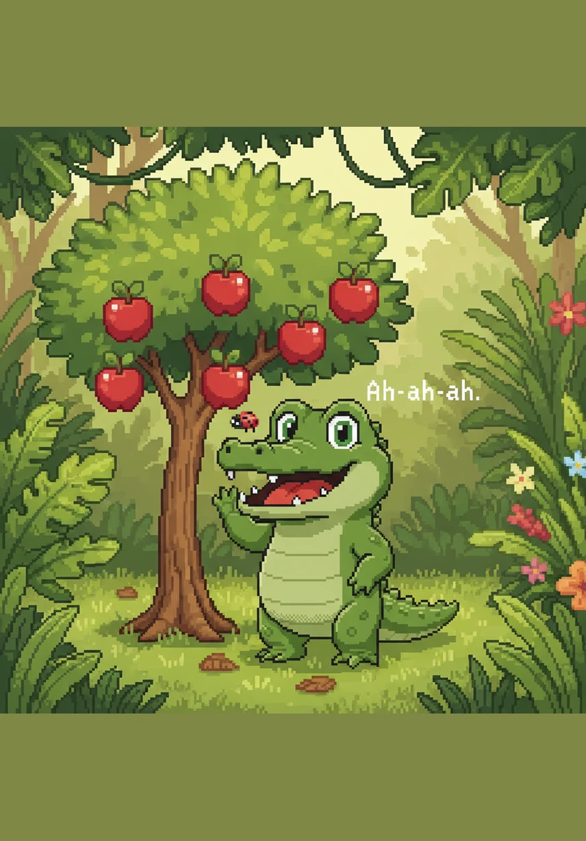 Alfie the Alligator rests under a bright red apple tree in the sunny jungle. He opens his mouth wide and says "Ah-ah-ah" as he reaches for a juicy snack from the low branches.