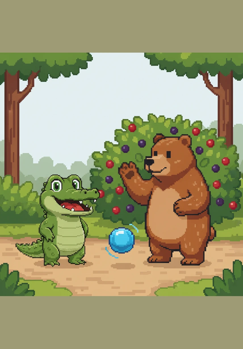 Along the path, Alfie meets a big, fuzzy Bear bouncing a bright blue ball. The Bear waves his paw and makes a "Buh-buh-buh" sound while he plays near a bush of berries.