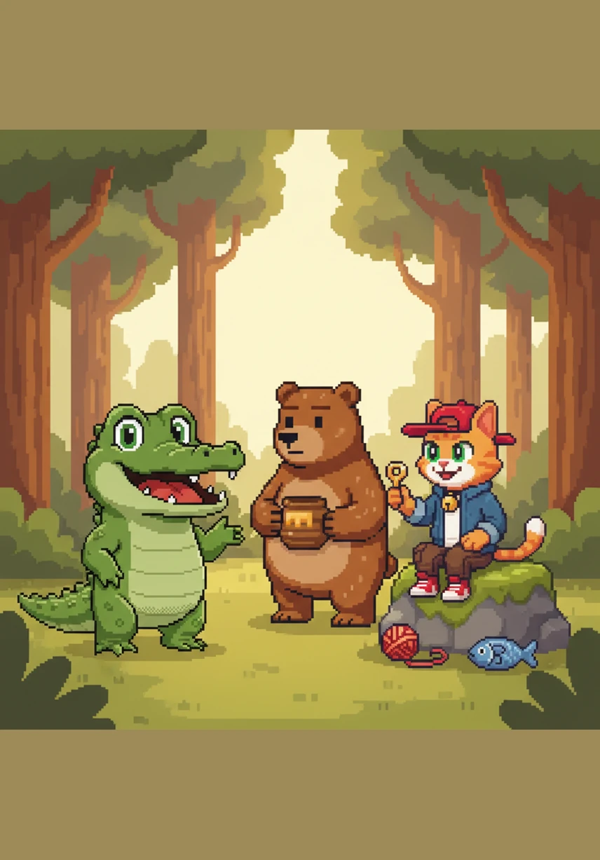 Alfie and the Bear spot a clever Cat wearing a colorful cape sitting on a wooden crate. The Cat purrs and says "Cuh-cuh-cuh" while showing off her fancy costume to her new friends.