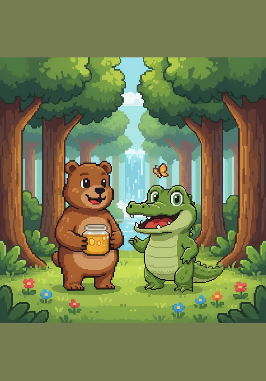 A happy Dog comes dancing down the dirt road to join the group in the meadow. He wags his tail and barks a friendly "Duh-duh-duh" as he spins in playful circles.