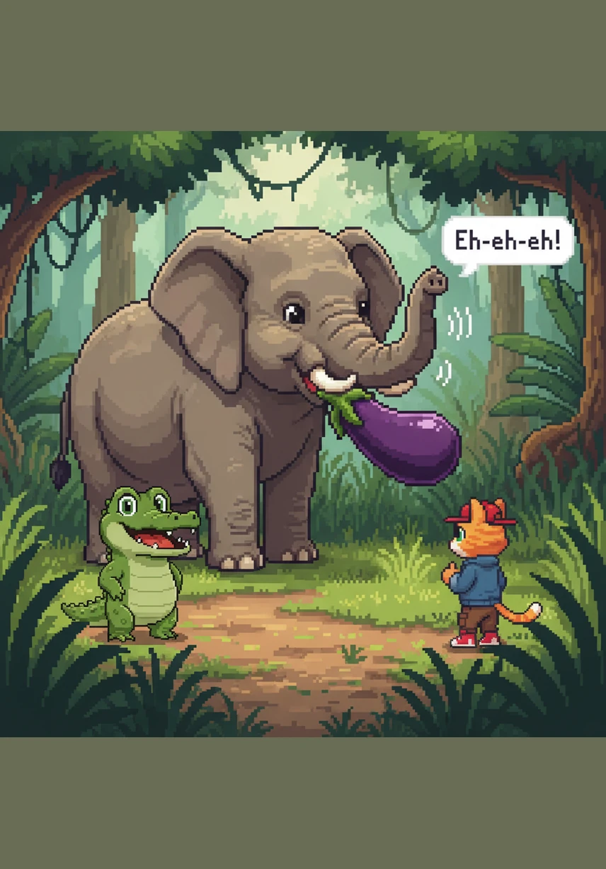 The friends find a giant Elephant eating an enormous eggplant near the tall jungle grass. The Elephant lifts her trunk high and makes a soft "Eh-eh-eh" sound to greet the visitors.