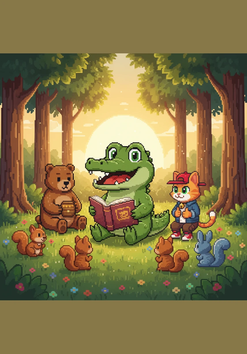 All the animals gather together in a grassy clearing for a wonderful afternoon picnic. They share apples, berries, and cakes while chatting and laughing under the warm, golden sun.