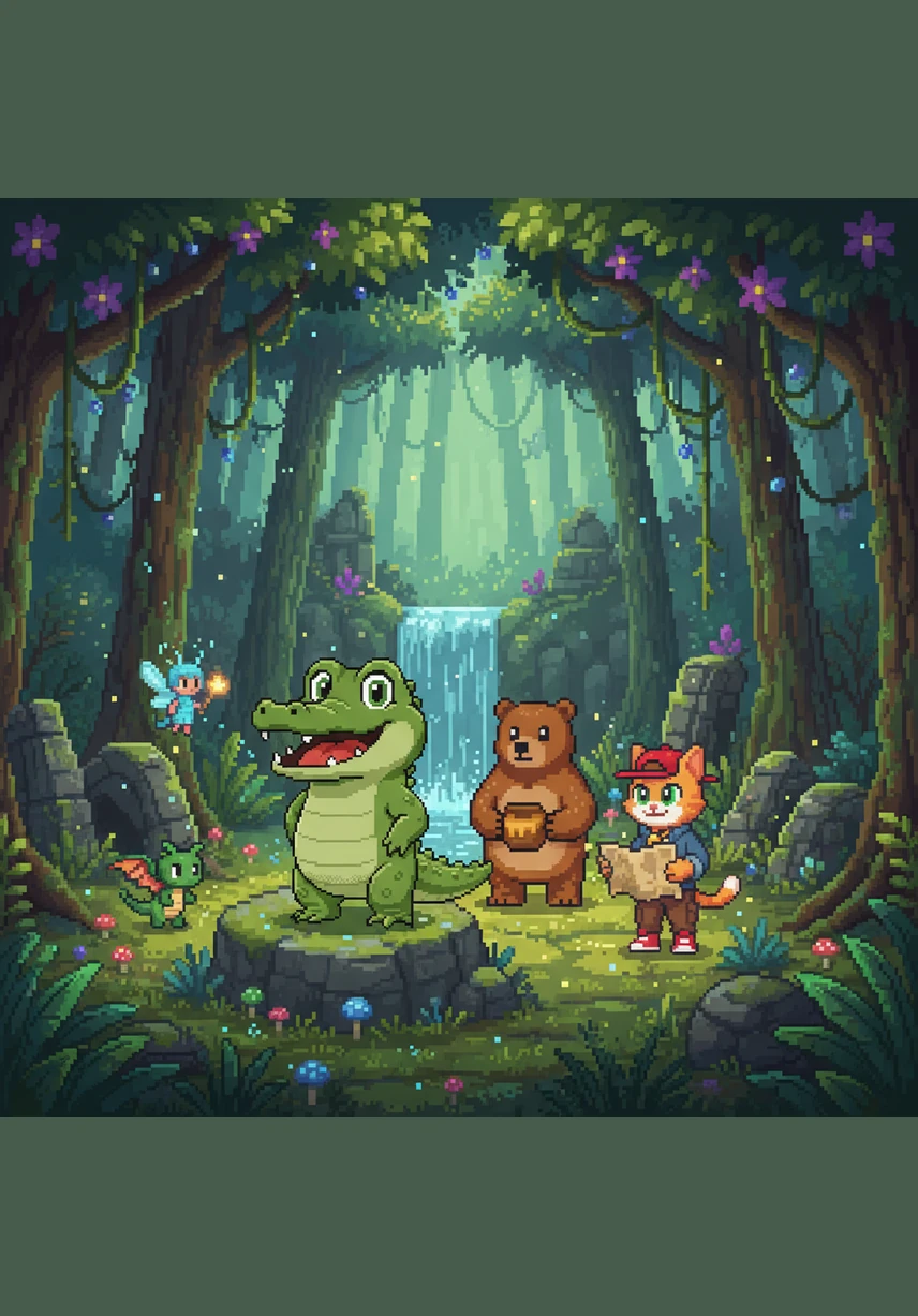 Suddenly, a magical rainbow stretches across the sky, glowing with the shimmering shapes of the first five letters. The animals look up in awe at the beautiful colors painting the jungle canopy.