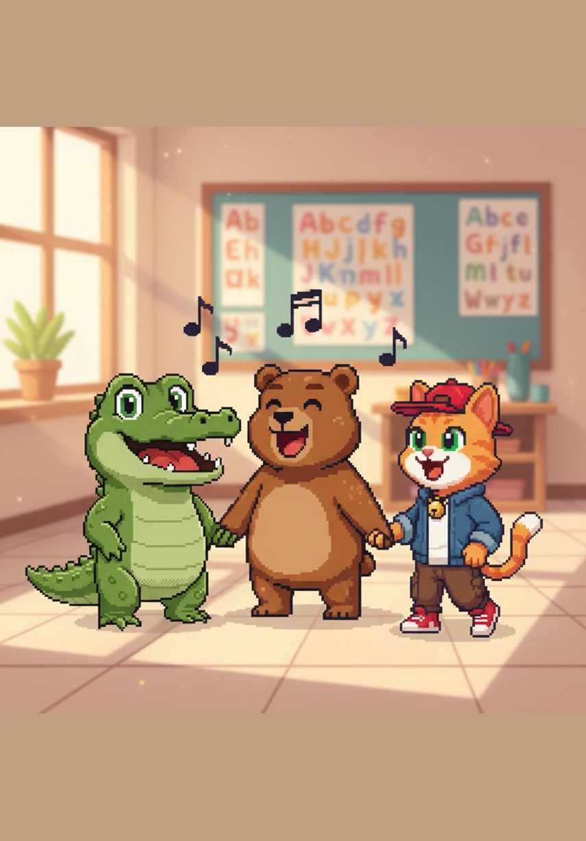 The group holds paws and trunks, singing a happy song about their favorite letters and sounds. Their voices fill the air with the harmony of "A, B, C, D, and E" as they celebrate together.