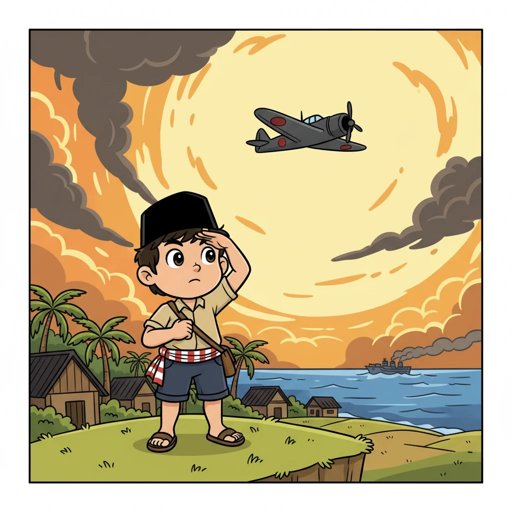 Dunia gempar! Perang Pasifik berkecamuk, dengan Jepang sebagai kekuatan baru yang mengancam. Budi, seorang anak laki-laki dari sebuah desa di Jawa, memperhatikan dengan cemas perubahan yang terjadi.