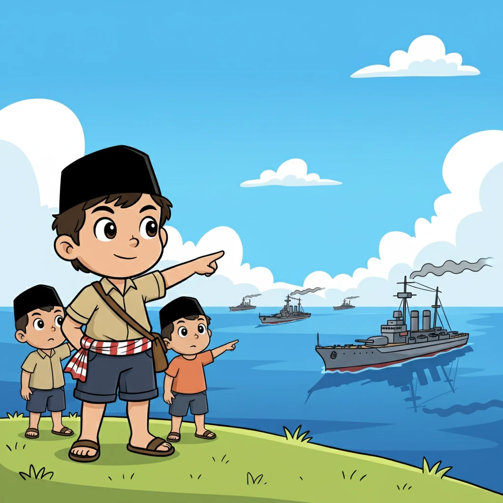 Kapal-kapal perang Jepang mulai terlihat di laut, bayangan bahaya mendekat. Budi dan teman-temannya menyaksikan kedatangan tentara Jepang, awalnya dengan rasa ingin tahu dan sedikit harapan.