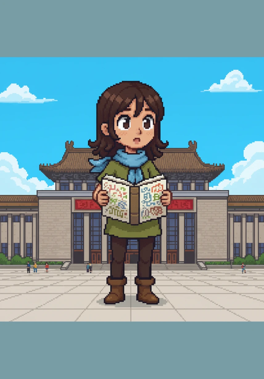 Arujan stands before the magnificent National Museum of China in Beijing, its grand architecture silhouetted against a brilliant blue sky. She holds her breath in wonder, ready to explore the treasures hidden within the massive stone walls.