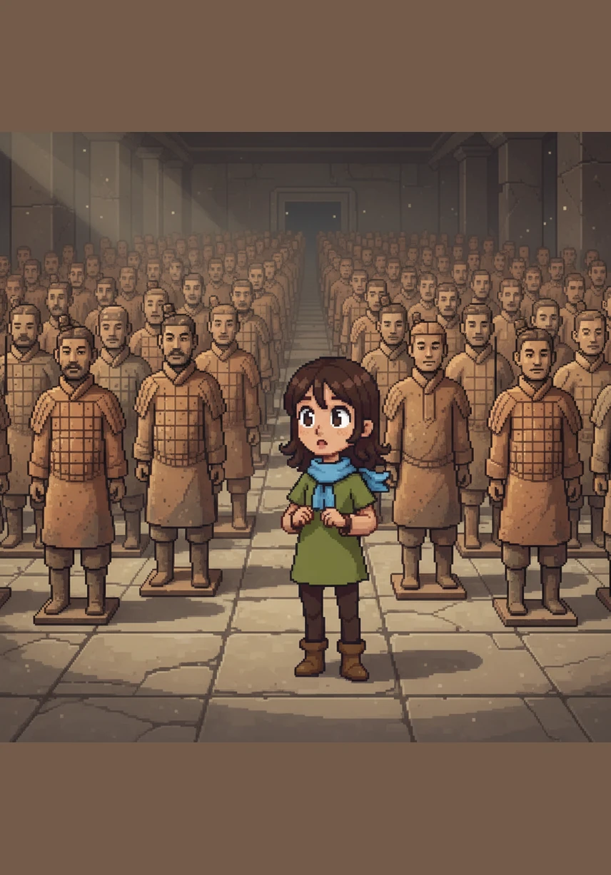 Arujan walks among the rows of Terracotta Warriors, their clay faces each uniquely detailed and full of character. She imagines them standing guard through the centuries, protecting the silent halls of the first emperor's tomb.