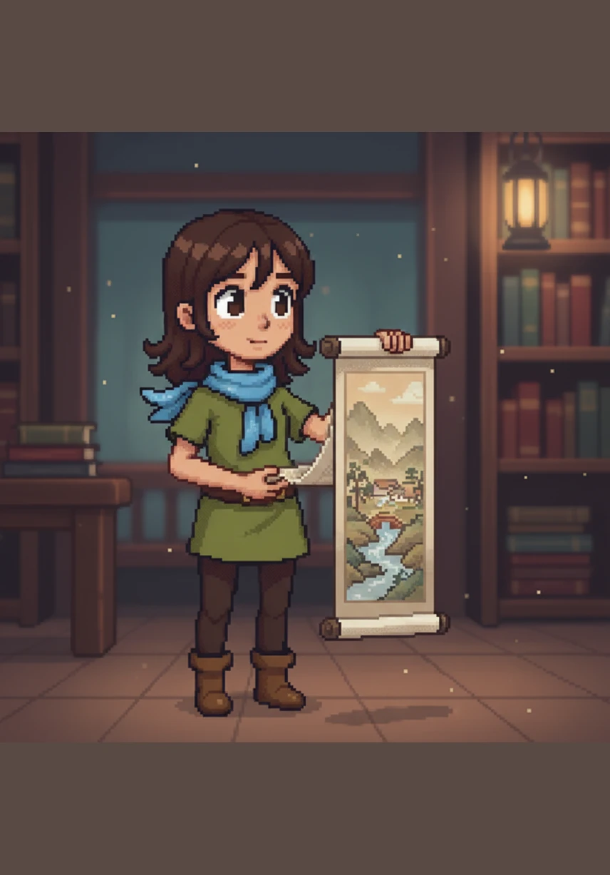 She stops to admire a long silk scroll painting that depicts a misty mountain range with tiny travelers on a winding path. The soft colors and flowing lines make her feel as if she could step into that peaceful, ancient world.