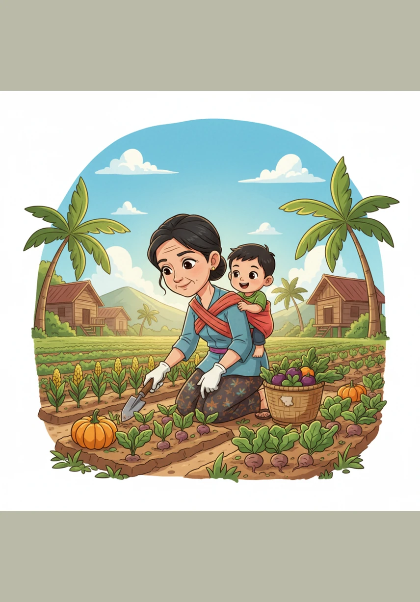 Aminah carries young Budi on her back while picking vegetables in the fields under the scorching sun. Despite the sweat on her brow, she smiles gently, whispering a prayer for her son's future.