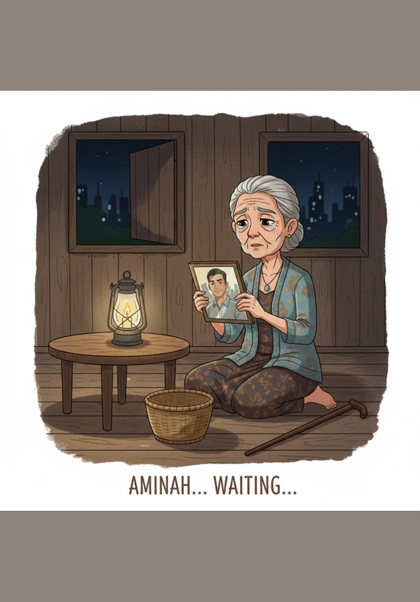 In the quiet of the night, Aminah sits on the creaky wooden floor, counting small coins from her day's sales. She places them into an old tin jar with the hope that Budi will one day receive a high education.