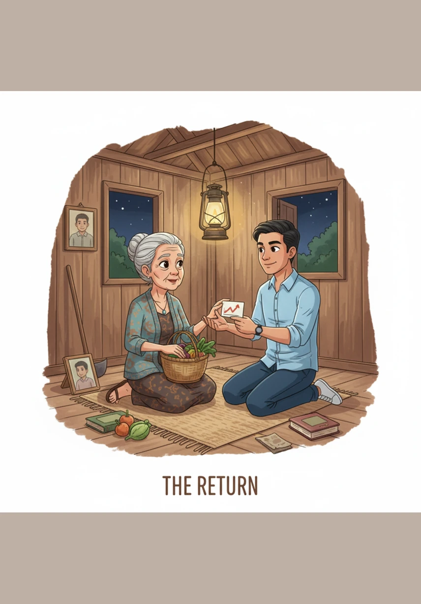 The dim light of an oil lamp illuminates Aminah’s nimble fingers as she sews clothes for her neighbors late into the night. The sound of the old sewing machine becomes a lullaby for Budi, who sleeps soundly beside her.
