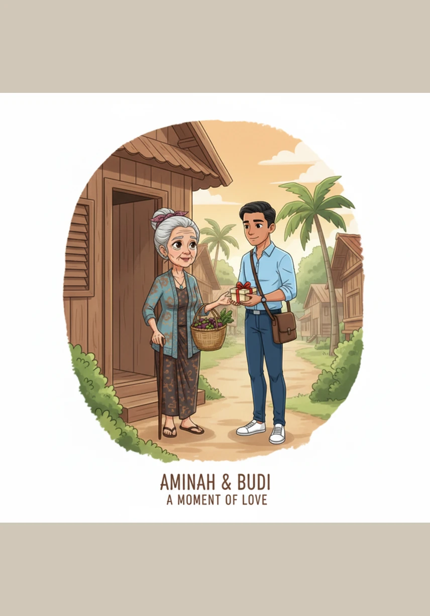Aminah stands at the doorway, watching Budi study diligently at a small wooden desk she built herself. Her heart swells with pride seeing her son's passion for learning and his determination to succeed.