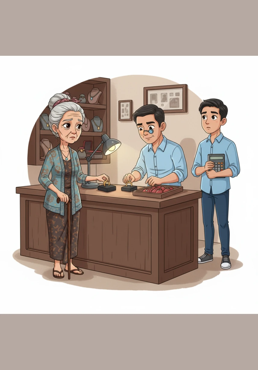 With a heavy heart, Aminah sells her only gold ring, a precious heirloom, at a jewelry shop to pay for Budi's school tuition. She feels no regret, knowing that Budi’s education is far more valuable than any gold.