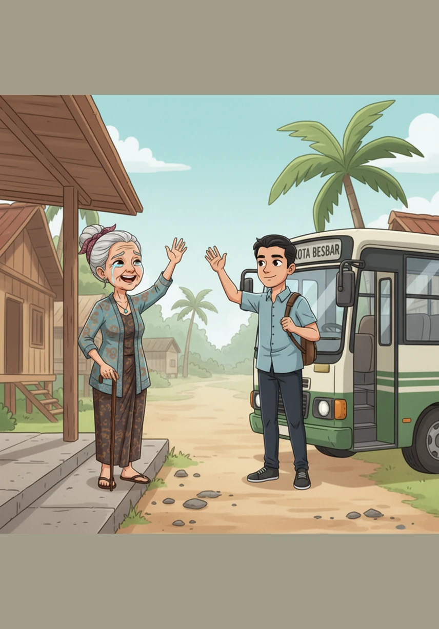Aminah waves her hand at the bus station as Budi departs for the big city to attend university. Tears of joy fall down her weathered cheeks, but her smile remains strong as she lets her little bird fly high.