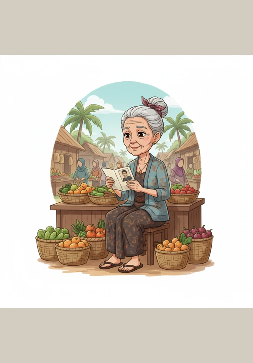Years pass and Aminah’s hair turns white, yet she continues to work at the market with the same unwavering spirit. She reads every letter from Budi over and over again, her heart filled with deep longing and love.