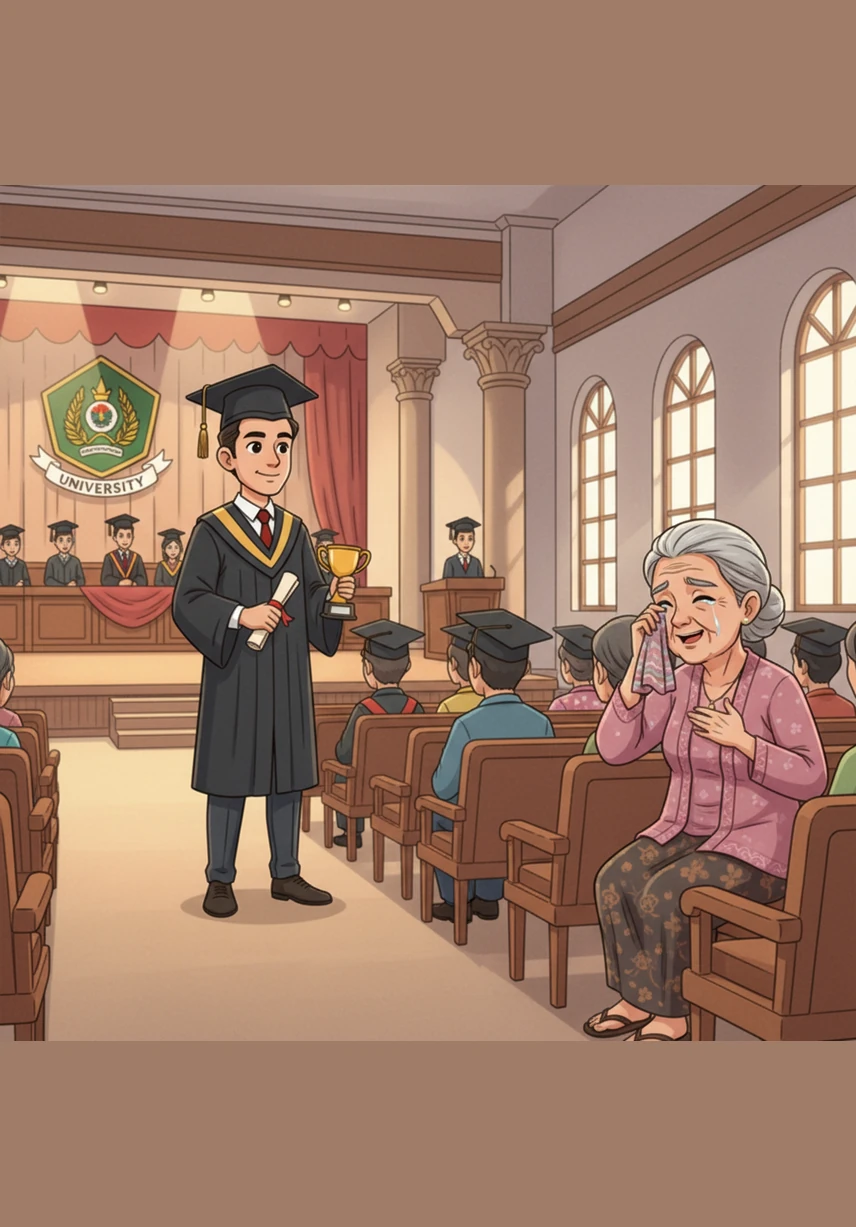 In a grand hall, Aminah sits in the front row wearing her best simple clothes. She wipes away tears as she watches Budi stand on stage in his graduation gown, being honored as the top student.