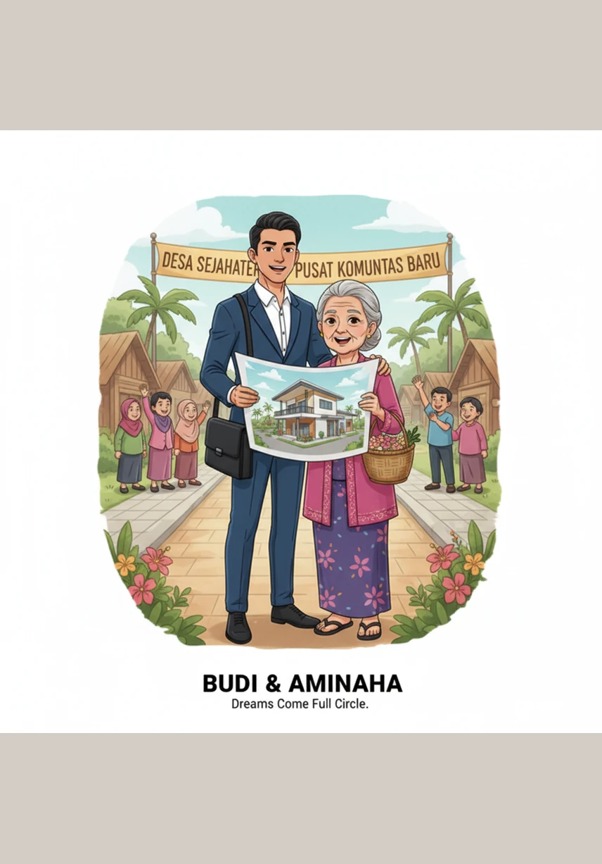 A few years later, a polished car pulls up in front of their old house, and Budi steps out in a sharp suit. He hugs his mother tightly and shows her the keys to a beautiful new home he built just for her.