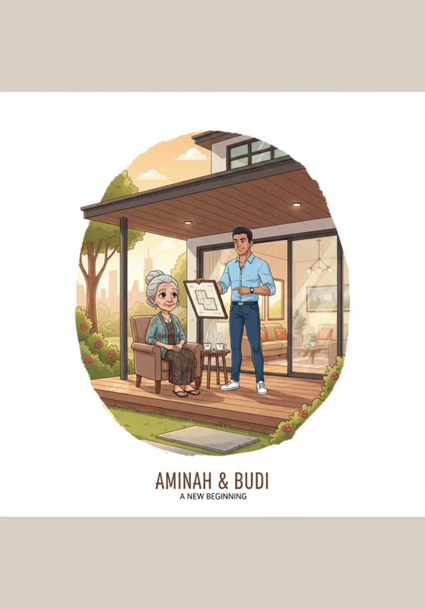 Aminah and Budi sit together on the porch of their beautiful new home, enjoying warm tea in the afternoon. Budi holds his mother’s hands, rough from years of labor, realizing his success is the fruit of her endless love.