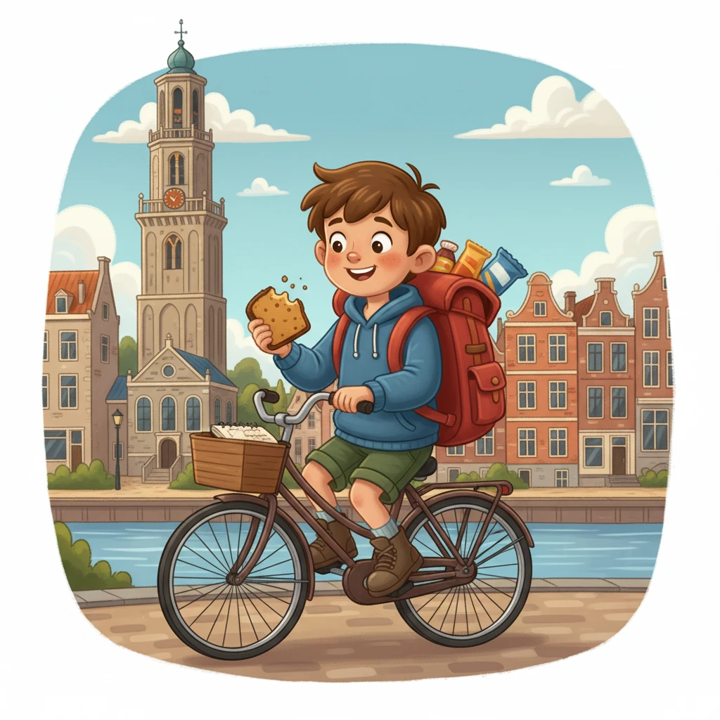 Eerst reisde Pieter naar Groningen, waar hij langs de mooie kanalen en de Martinitoren fietste. Hij zag een molen en proefde de heerlijke Groninger koek. Pieter schreef alles in zijn boekje en tekende de molen.