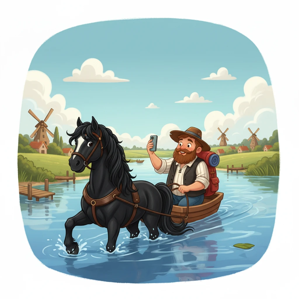 In Friesland ontmoette Pieter een vriendelijke boer op een paard. Ze voeren samen door de Friese meren en Pieter bewonderde de prachtige natuur. Hij leerde over de Elfstedentocht en maakte een foto.