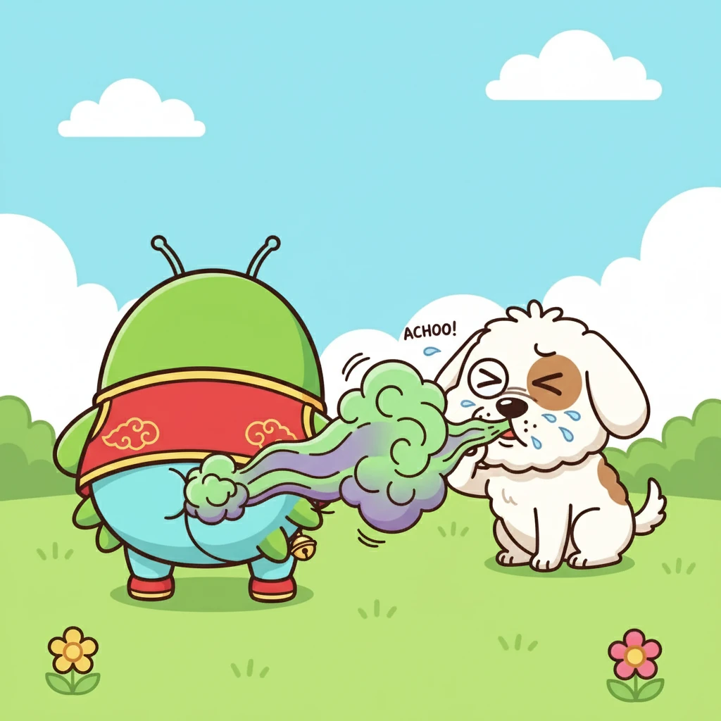 屁屁猛地对着旺财放了一个臭屁。一股难闻的气味瞬间弥漫开来，旺财被熏得直打喷嚏。