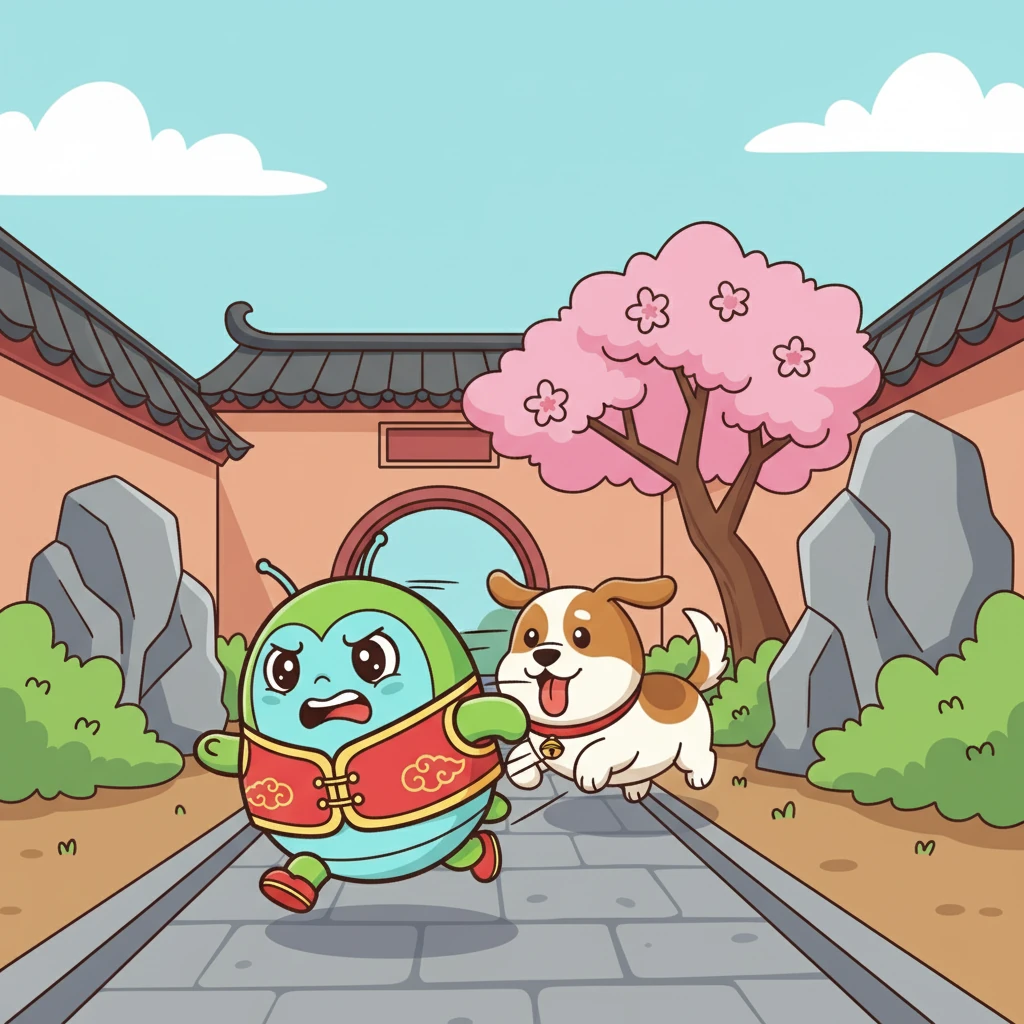 屁屁拼命地逃跑，旺财在后面紧追不舍。两个小家伙在院子里展开了一场追逐战。