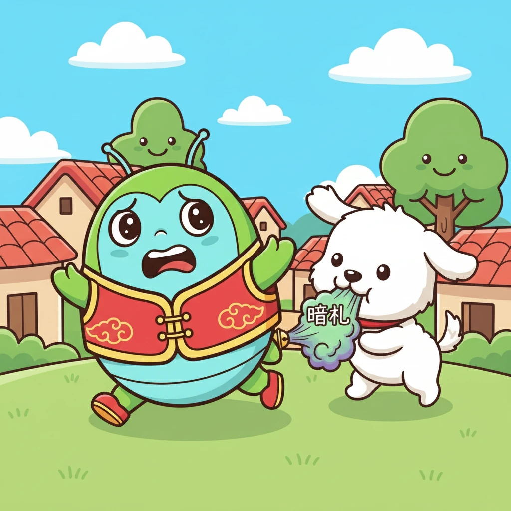 旺财一口咬住了屁屁。屁屁吓坏了，它再次放了一个臭屁，但这次似乎没有效果。